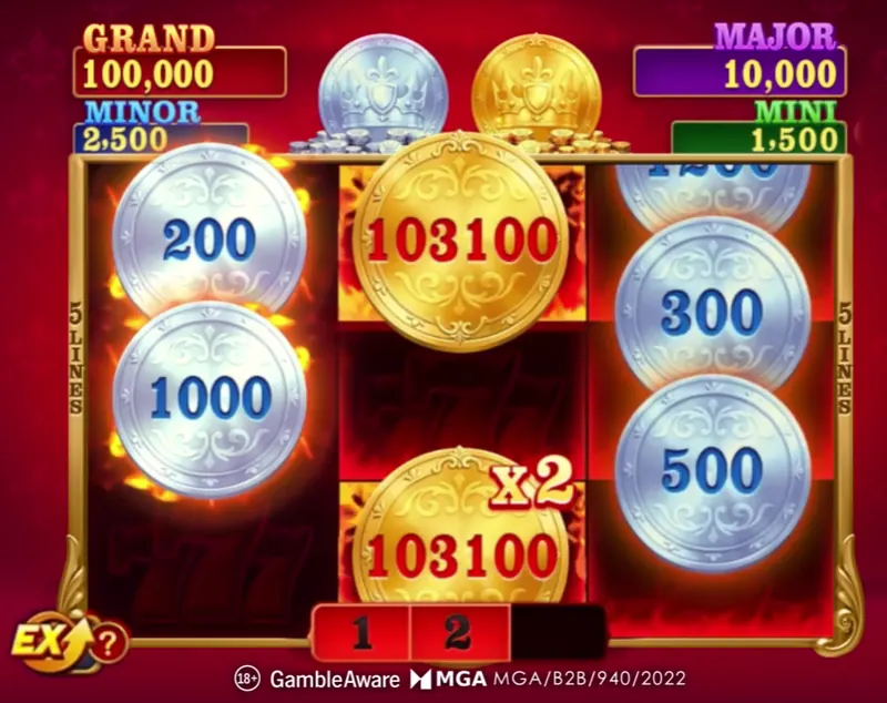 Fortune Coins 2 bonus round with a sticky gold Bonus Coin holding 103,100 and silver coins showing 200, 300, 500 and 1000