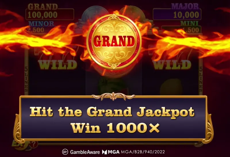 Fortune Coins 2 Grand Jackpot win screen announcing a 1000x payout with wild symbols burning either side