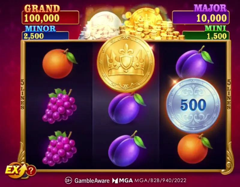 Fortune Coins 2 review &mdash; base game reels showing fruit symbols alongside a gold Bonus Coin and a silver 500 coin