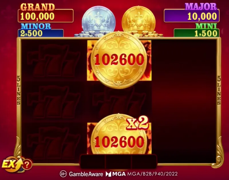 Fortune Coins 2 Toss Fortune Coins feature with gold coins worth 102,600 landing on the reels with a 2x multiplier